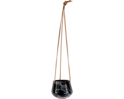 Hangpot Skittle – Zwart Marmer Look – Ø13 x H11 cm – Keramiek met Leren Hanger – Voor Binnengebruik
