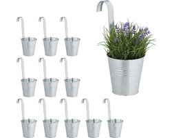 hangpotten - set van 12 - metalen bloempotten met haak - 30 x 13 x 20 cm - verzinkt - zilver
