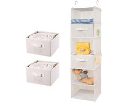 Hangrek kledingkast organizer opvouwbaar - 6 vakken - 2 laden - beige - 30 x 30 x 110 cm