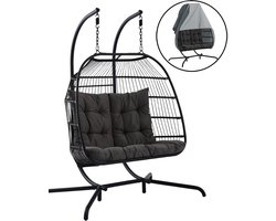 Hangstoel Breeze met Weerhoes – 2-Persoons Hangstoel met Standaard – Opvouwbare Egg Chair voor Balkon, Tuin en Terras – Comfortabele Schommelstoel met Kussens voor Binnen & Buiten