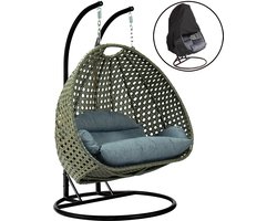 Hangstoel Dubai - Zwart Frame - Bruin Basket - met Luxe Dusty Blue Kussen -146*70*124 - 2 persoons schommelstoel