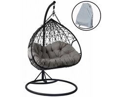 Hangstoel Duet met Weerhoes – 2-Persoons Hangstoel met Standaard – Egg Chair voor Balkon, Tuin en Terras – Comfortabele Schommelstoel met Kussens voor Binnen & Buiten