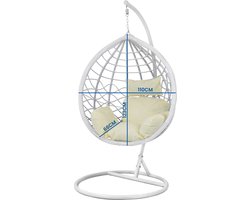 Hangstoel - Ei Stoel met Frame - Tot 125 kg - Wit Frame & Beige Kussens - Binnen & Buiten
