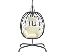 Hangstoel – Hangstoel met Standaard – Egg Chair – Hangmand – Schommelstoel – Kunststof Rattan – Stalen Frame – Incl. Creme-wit Kussen – Max. Belastbaar 150 kg