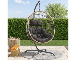 Hangstoel Harmony voor Tuin & Balkon - Bruin Wicker - Opvouwbaar - Zwart Frame - Grijs kussen - Basketmaat 97*68*120cm - Voor Buiten en Binnen