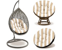 Hangstoel Kussen 110 cm – Papasan Kussen & Eivormige stoel rond – groot zitkussen waterafstotend voor Tuin Terras Veranda Binnen Buiten Rotan en Woonkamer Wit-beige strepen