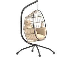 Hangstoel met frame | crème | hangschommel voor binnen en buiten | incl. kussen en kussens | rieten stoel, ei stoel, hangstoel terras, hangmand stoel | stalen frame