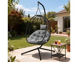 Hangstoel met Standaard 100 x 90 cm – Polyrotan Egg Chair voor Binnen en Buiten – Schommelstoel met Dik Kussen – Weerbestendige Vrijstaande Hangstoel voor Tuin, Balkon, Terras en Woonkamer – Belastbaar tot 120 kg – Grijs – Mobili Bella