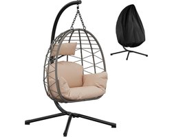 Hangstoel met Standaard - Rotan - 150 kg Draagvermogen - Binnen & Buiten - Met Beschermhoes - beige