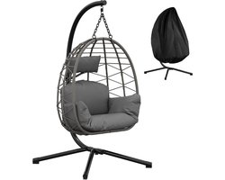 Hangstoel met Standaard - Rotan - 150 kg Draagvermogen - Binnen & Buiten - Met Beschermhoes - Grijs