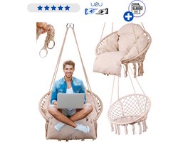 Hangstoel met XXL kussen 80 cm ecru - nestschommel met rugleuning en voetensteun - hangende stoel voor binnen en buiten - stevige touwen en metalen frame tot 120 kg tuin schommel stoel relax hangstoel met hoofdsteun Met Ebook