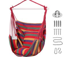 Hangstoel met zitkussens, katoenen hangende schommelstoel, stevig tot 150 kg, met zijzakken - rood