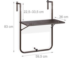 hangtafel balkon - inklapbaar - verstelbaar - 3 hoogtes - houtlook - 59,5 x 36 cm - bruin