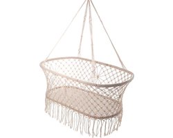 Hangwieg - Macramé Baby Wieg - Gehaakte Baby Kribbe - Inclusief bevestigingsmaterialen en Bijpassend Hypoallergeen Matras!