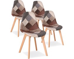 Hanimo Eetkamerstoelen Set Van 4 - Eetkamerstoelen - Kuipstoelen - Gewatteerde Zitting - Houten Onderstel - Patchwork - Meerkleurig - Bruin, Beige, Grijs