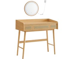 Hanimo Rotan Kaptafel - Kaptafel Met Spiegel - 3 Lades - Spiegel Met Verlichting - Cosmetische Make-Up Tafel - Voor Slaapkamer - Hout - Boho Stijl - 43x90x82cm