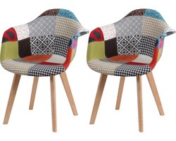 Hanimo Set Van 2 Eetkamerstoelen - Eetkamerstoelen - Kuipstoelen - Fauteuils Met Armleuning - Scandinavisch - Patchwork Stof - Meerkleurig - Houten Poten