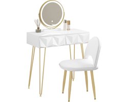 Hanimo Set Witgouden Kaptafel - Kaptafel Met Spiegel - Verstelbare Led Spiegel - 2 Lades - 3d Effect - Witte Fluwelen Stoel - Cosmetische Make-Up Tafel - Voor Slaapkamer - Wit met gouden accenten - 80x40cm
