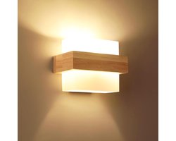 Haobosic - LED-wandlamp voor binnen, creatieve vierkante houten wandlamp, moderne glazen wandlamp voor slaapkamer, woonkamer, gang, eetkamer en trap, E27-fitting