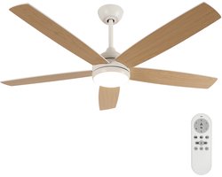 Haobosic Plafondventilator met Verlichting - Stille Plafondventilator - 5 Houten Bladen - 34W - Dimbare 3000-6500K - Met Afstandsbediening - Wit & Houtkleur - Modern Scandinavisch - Voor Woonkamer Slaapkamer