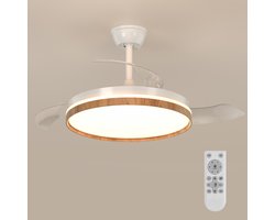 Haobosic Plafondventilator met Verlichting - Stille Plafondventilator - Inklapbare Transparante Bladen - 36W - Dimbare 3000-6500K - Met Afstandsbediening - Wit & Houtlook - Modern - Voor Woonkamer Slaapkamer