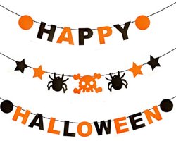 Happy Halloween-banner, schattige Halloween-decoraties met spinnen, sterren hangend aan Halloween-muurdecoraties, decoratie voor een kinderfeestje in de keuken, decoratie voor de voordeur.