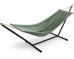 Happy Holidayz Hangmat met Standaard Groen - Vrijstaand Opvouwbaar - Polycotton - Houten Spreidstok - Stalen Frame - Met Draagtas - Tuin Hangmat - Camping - Vrijstaande Hangmat