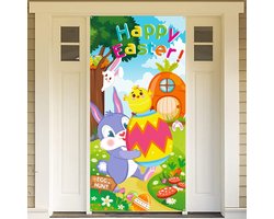 Happy Paasbanner voor paasdeur wanddecoratie, stoffen banner voor Pasen, outdoor spel activiteiten, decoratie, paasfoto achtergrond poster, paasfeestdecoratie, 180 * 90 cm