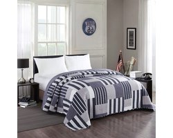 Happyment Bedsprei deluxe - Blauw/wit 150x200cm - Beddensprei 2 persoons - Polyester - Geometrische patroon