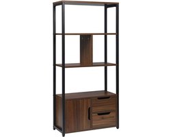 Happyment Boekenkast industrieel - 4 Lagen - Donkerbruin - 1 Deur en 2 Lades - Boekenrek - Woonkamer, slaapkamer en kinderkamer - Hout/Metaal - 58 x 24 x 120 cm