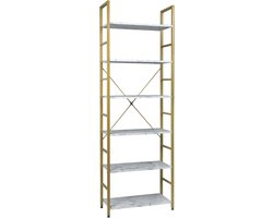 Happyment Boekenkast Nerry - Industrieel - 6 Lagen - Wit/Goud - Marble Look - Boekenrek - Woonkamer, slaapkamer en kinderkamer - Hout/Metaal - 60x28x180cm