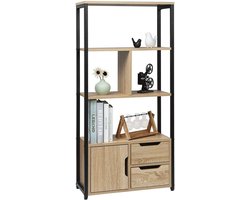 Happyment Boekenkast Nudi - Industrieel - 4 Lagen - Oak - 1 Deur en 2 Lades - Boekenrek - Woonkamer, slaapkamer en kinderkamer - Hout/Metaal - 58 x 24 x 120 cm