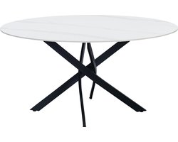 Happyment Eetkamertafel Manilo - Rond - Marmerlook wit - Tuintafel - 4 personen - Eettafel - 150x150x76cm - Ook voor buiten