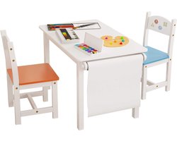 Happyment Kindertafel en 2 Stoeltjes - Kindermeubel - Speeltafel - Kinderbureau - Wit, blauw, oranje