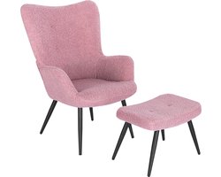 Happyment Moderne Fauteuil - Met hocker - Armleuning - Voetenbank Woonkamer stoel - Corduroy - Roze
