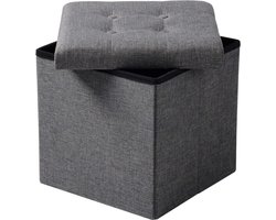 Happyment Poef Zazu - Met opbergruimte - Opbergbank Poef - Voetenbank - Opbergbox hocker - Zitkist met deskel - Donkergrijs - Stof - 50x35x45cm
