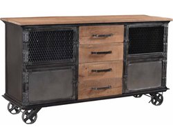 Happyment Vintage Dressoir - Opbergkast - Op wielen - Verstelbare Planken - 153x40x80cm - Industriële Stijl - Vintage Bruin/Zwart