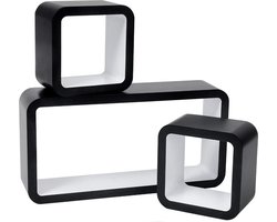 Happyment Wandplank Cube zwevend - Zwart wit - Voor tegen de muur - Set van 3 - Wandplanken - Wandrek - Fotoplank kinderkamer - Boekenplank - Hout MDF