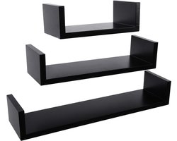 Happyment Zwevende Boekenplank - Wandplank voor tegen de muur - Set van 3 - Wandplanken - Wandrek - Fotoplank kinderkamer - Zwart - Hout MDF