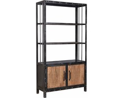 Happymeny Wandkast deluxe - Woonkamer - Opbergkast - Boekenkast - 2 deuren en 4 dragers - 180x100x35cm - Massief mangohout - Vintage Bruin/Zwart