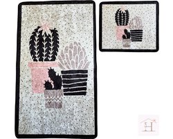 HappyNest Badmat - Wc Mat - Antislip 2 Stuk Set - 60x100cm + 50x60cm - Zwart/Wit - Cactus