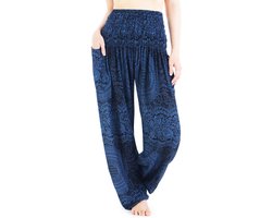 Harembroek - Yogabroek - Zomerbroek - Medium; maat 36 en 38 - voor dames en heren - Mono zwart/blauw