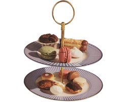 Harmony etagère Bijzettafelschotel, gelaagd dienblad, 2-laags cake, snacks, gestreept tint paars met goud