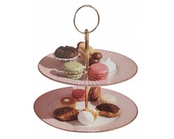 Harmony etagère Eindtafel plateau 2-laags cake snack gestreept Roze met gouden streep