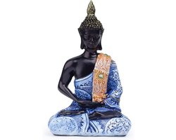 Hars Boeddha Mediterende Vrede Harmonie StandbeeldBeelden - Decoratie - Woning - Woonkamer - Slaapkamer - Vensterbank decoratie - Ornamenten - Huis en Tuinkantoor Bureau Decoratie India Religieus Boeddhisme Sculptuur Ambacht Ornament (blauw)