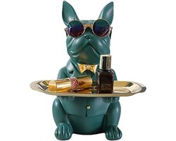 Harsen Hond Standbeeld - Decoratief Butler Sculptuur Zittend Met Dienblad - Franse Bulldog Beeldje - Huisdecoratie - Tafel Ornamenten - Sleutelhouder - Groen