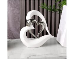 Hart Decoratie Standbeeld - Keramiek Sculptuur - Woonkamer Decoreren - Abstract Handgemaakt Ontwerp - 22 cm Hoog - Zilver