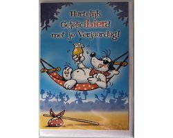 Hartelijk gefeliciteerd met je verjaardag! Geniet jij maar eens lekker van een biertje in de hangmat. Een dubbele wenskaart inclusief envelop en in folie verpakt.