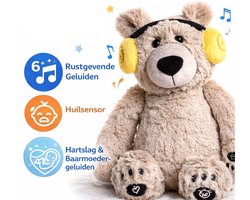 Hartslag Knuffel - Slaapknuffel Beer - White Noise Knuffel - Muziek Knuffel - Witte Ruis Geluid - Beer Knuffel Bedtijd - Pluche - Huilsensor - Heartbeat - Baarmoeder Geluiden - Kraamcadeau - Baby