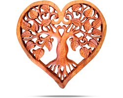 Hartvormig Houten Wandpaneel – Levensboom – Handgesneden Suar Hout – Ø40 cm – Decoratief Wandornament